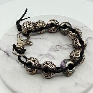 Y2K Boho Floral Bead Charm Bracelet Black Cord Silver-Tone Accents Classic Gift